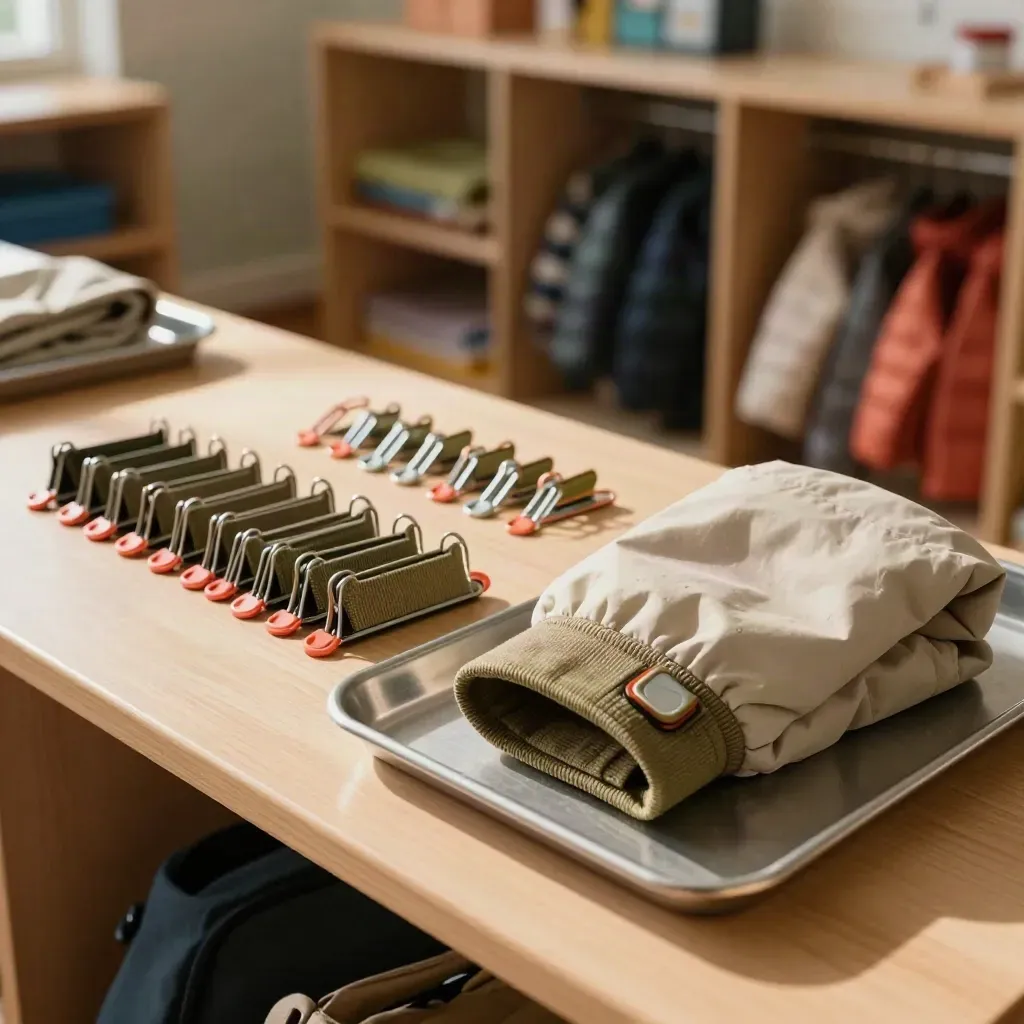 School clip sets and a snowsuit cuff arranged on a warm shelf in soft daylight.