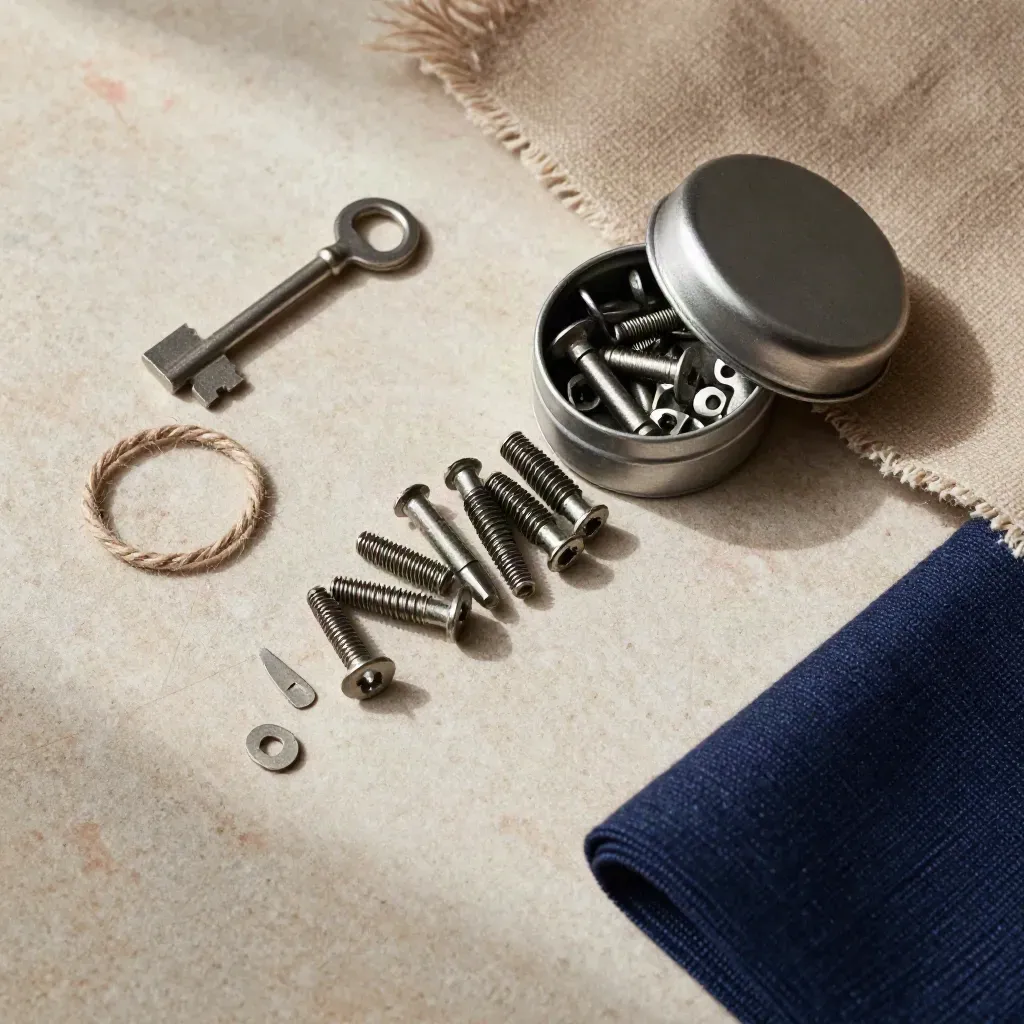 Overhead flatlay of replacement fasteners, a tin, twine loop, and wool swatch on pale stone.