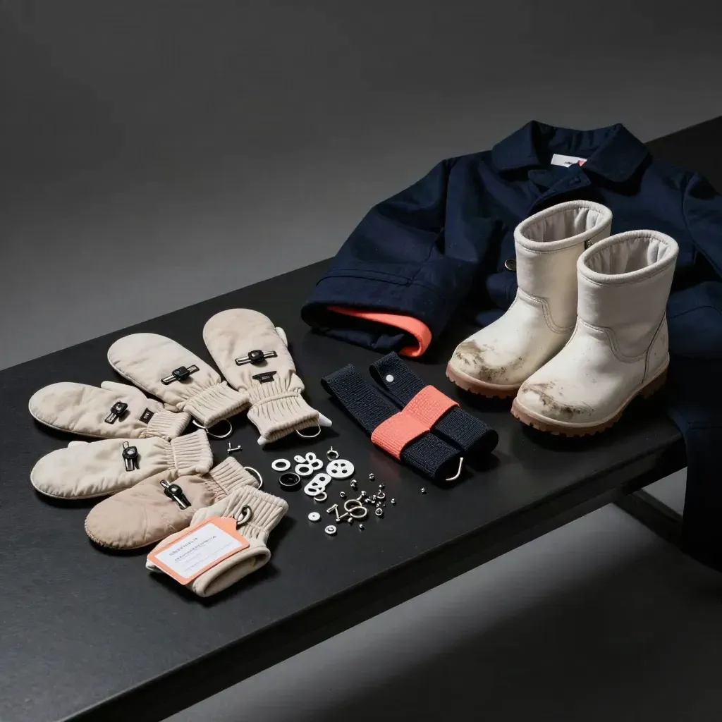 Winter supply bundle with mitten clips, name tags, straps, boots, and a folded navy coat on black.