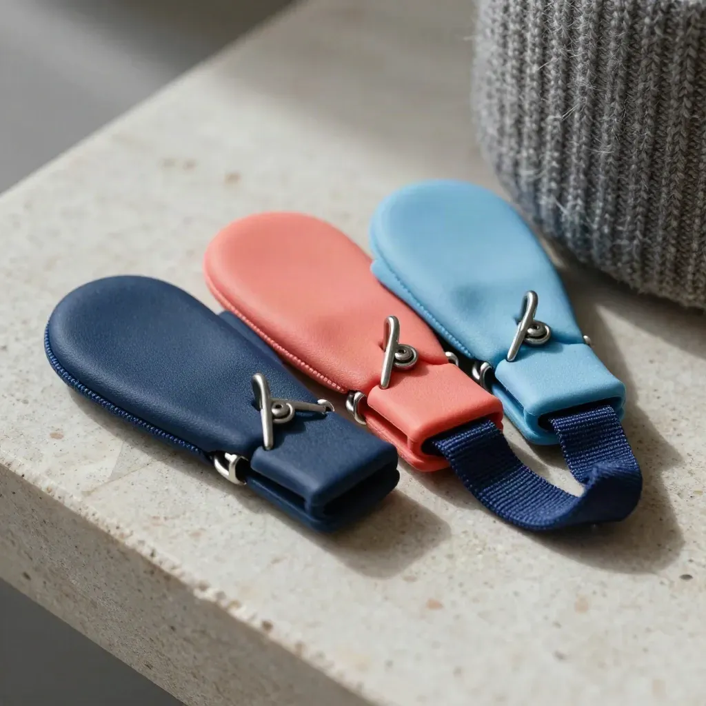 Three child-sized mitten clips in navy, coral, and ice blue on travertine beside a wool cuff