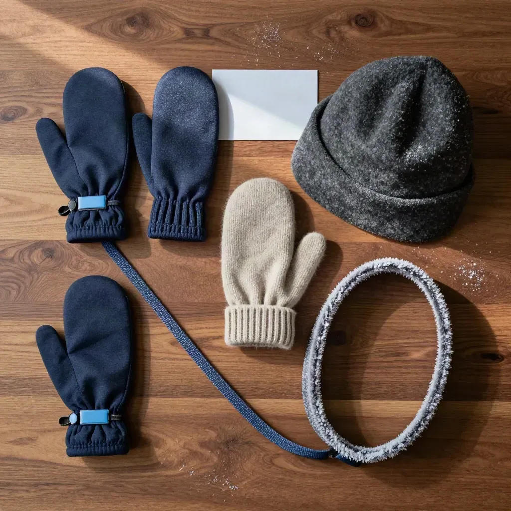 Overhead winter mitten clip flatlay with mittens, wool hat, coat loop, and clips on warm wood.