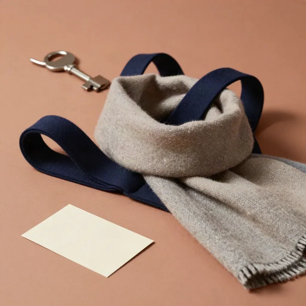 Navy coat loop straps beside a wool scarf and metal hook on a pale studio surface.