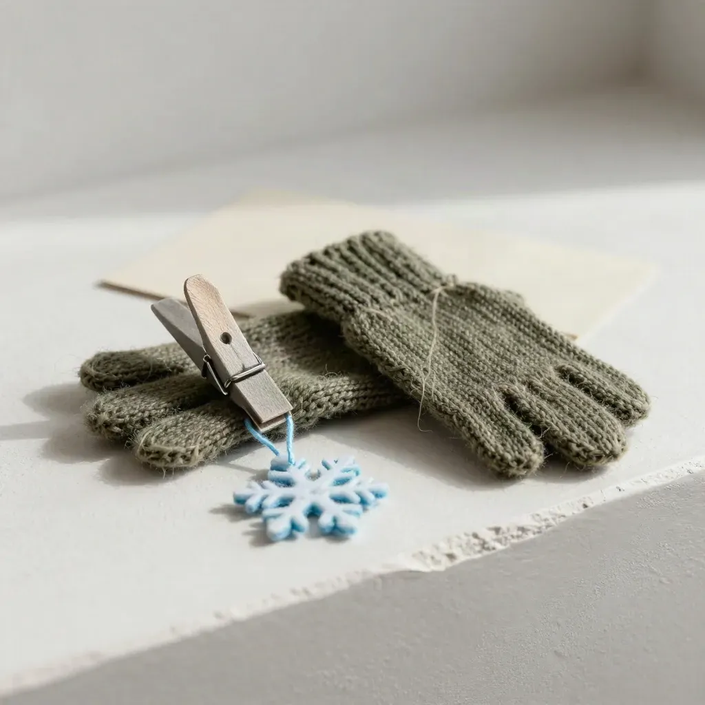 Mini glove clips on knit cuffs with a snowflake charm on plaster in soft winter light.