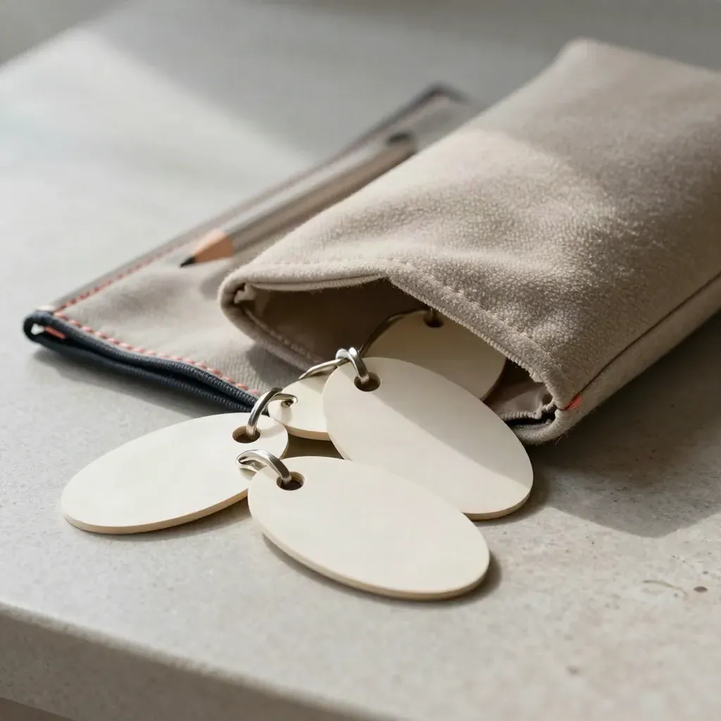 Oval name tags with rings beside a coat collar and pencil pouch on brushed stone.