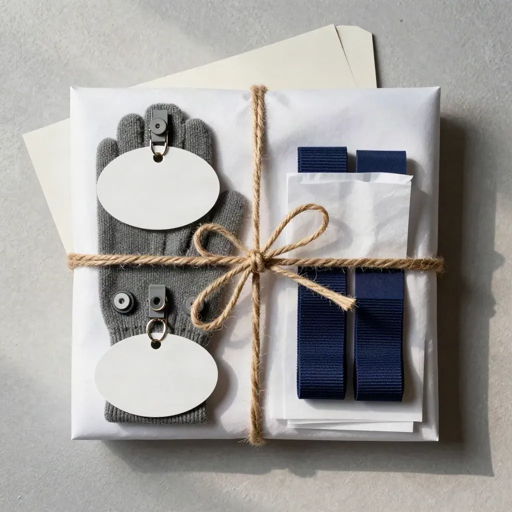 Overhead gift bundle of mitten clips, name tags, and fasteners wrapped in twine on plaster.