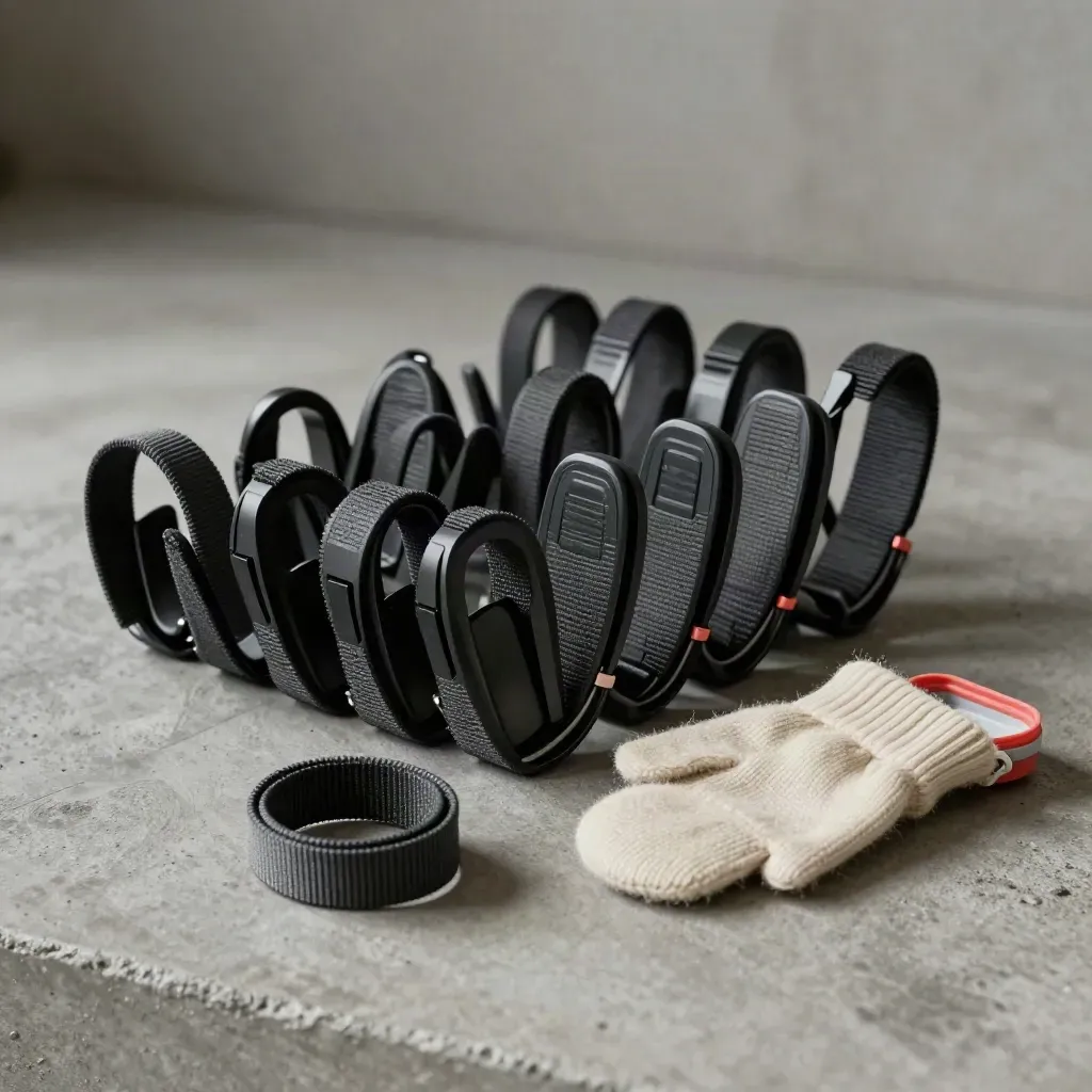 Spare mitten clip refills with a knit cuff fragment on concrete, softly lit and neatly arranged.