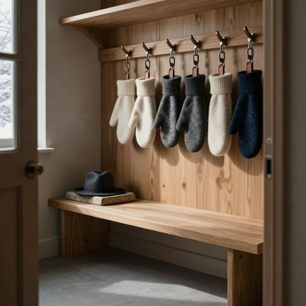 Warm mudroom with mittens, clips, straps, and soft winter window light.