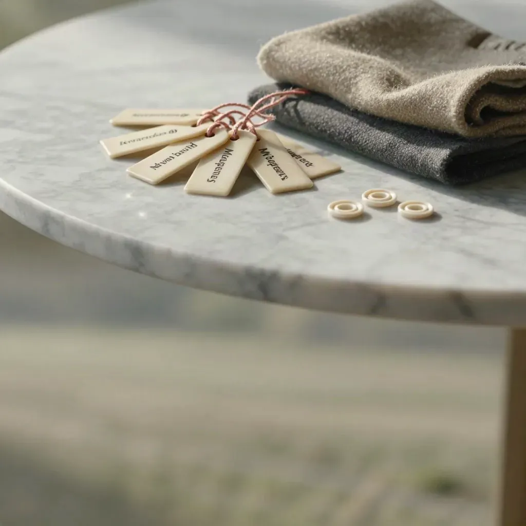 Marble tabletop still life with name tags, twine, and folded wool cloth in soft sunlight.