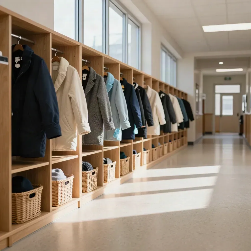 School cubbies with coats and baskets above an empty pale hallway floor.
