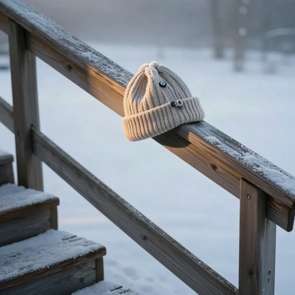 Snowy porch step with cedar railing, knit hat and soft misty winter terrain.