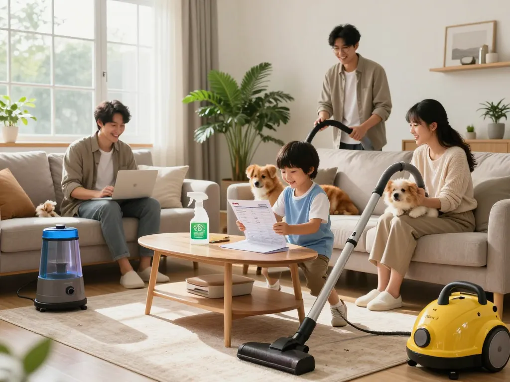 Family engaging in pest control in a cozy living room, showcasing proactive pest management solutions.
