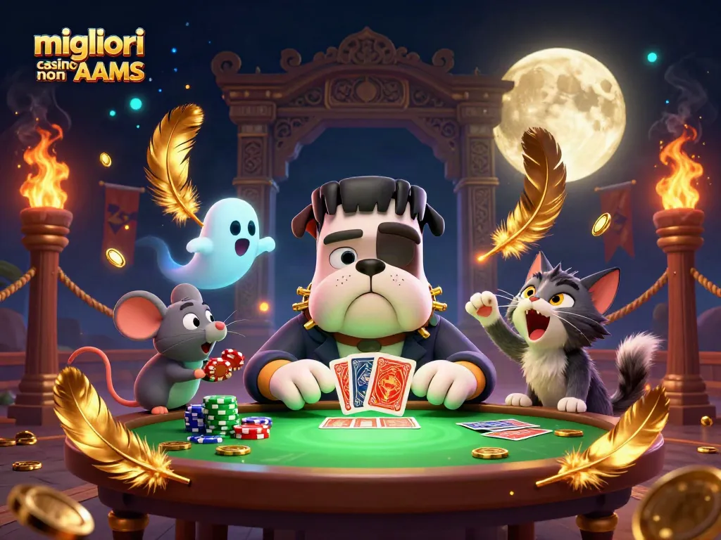 I migliori casino non AAMS presentano un bulldog mostruoso che gioca a carte in un'atmosfera spettrale.