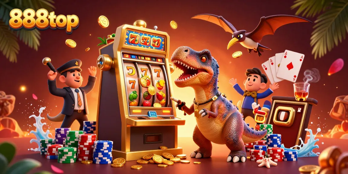 Exciting scene of 888top as a pachycephalosaurus plays a golden slot machine while coins fly around.