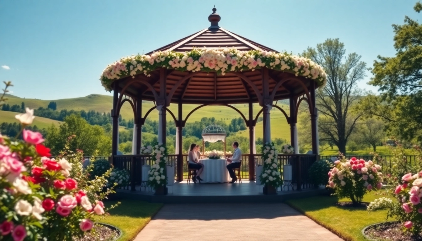 Stunning gazebo at a Weddings Venue surrounded by vibrant flowers in a picturesque garden.