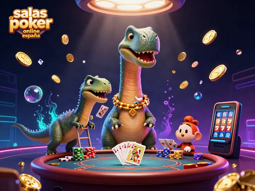 Juega en las salas de poker online España con un brontosaurio que asoma de un casino.