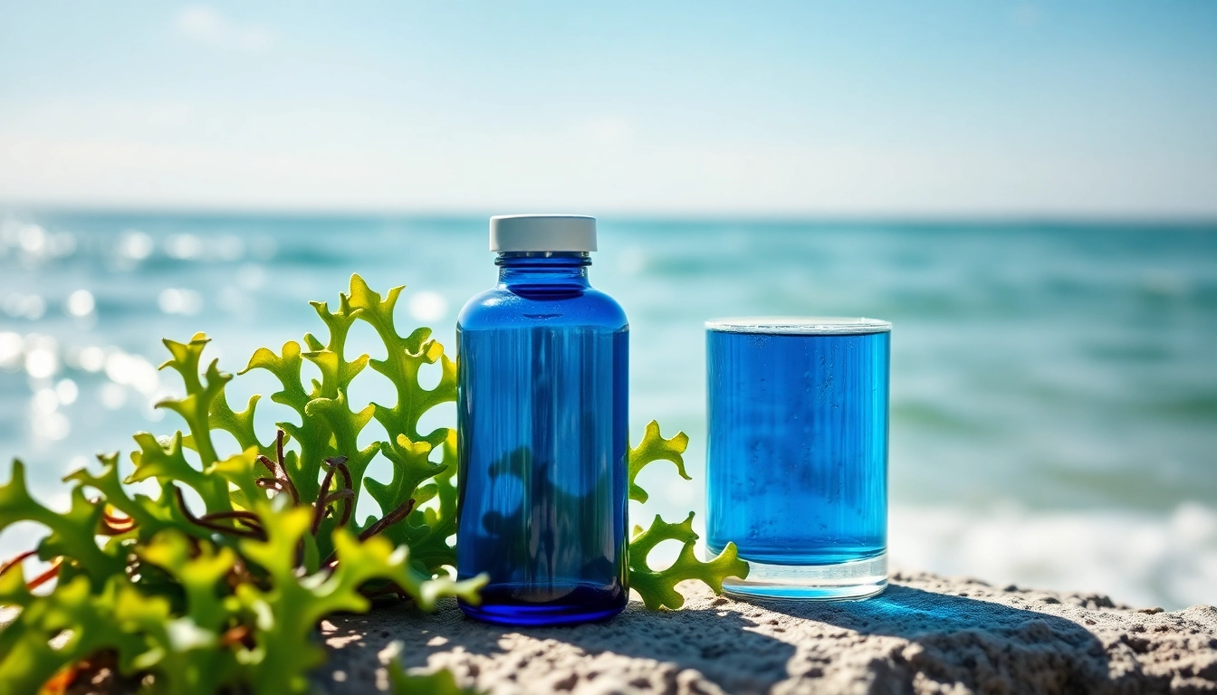 Marine antioxidant supplement showcased with seaweed, promoting natural health benefits.