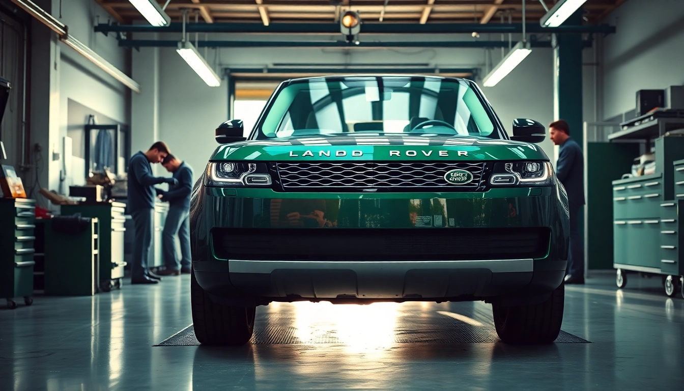 Technicians performing Land Rover Service in a modern garage environment, showcasing quality care.