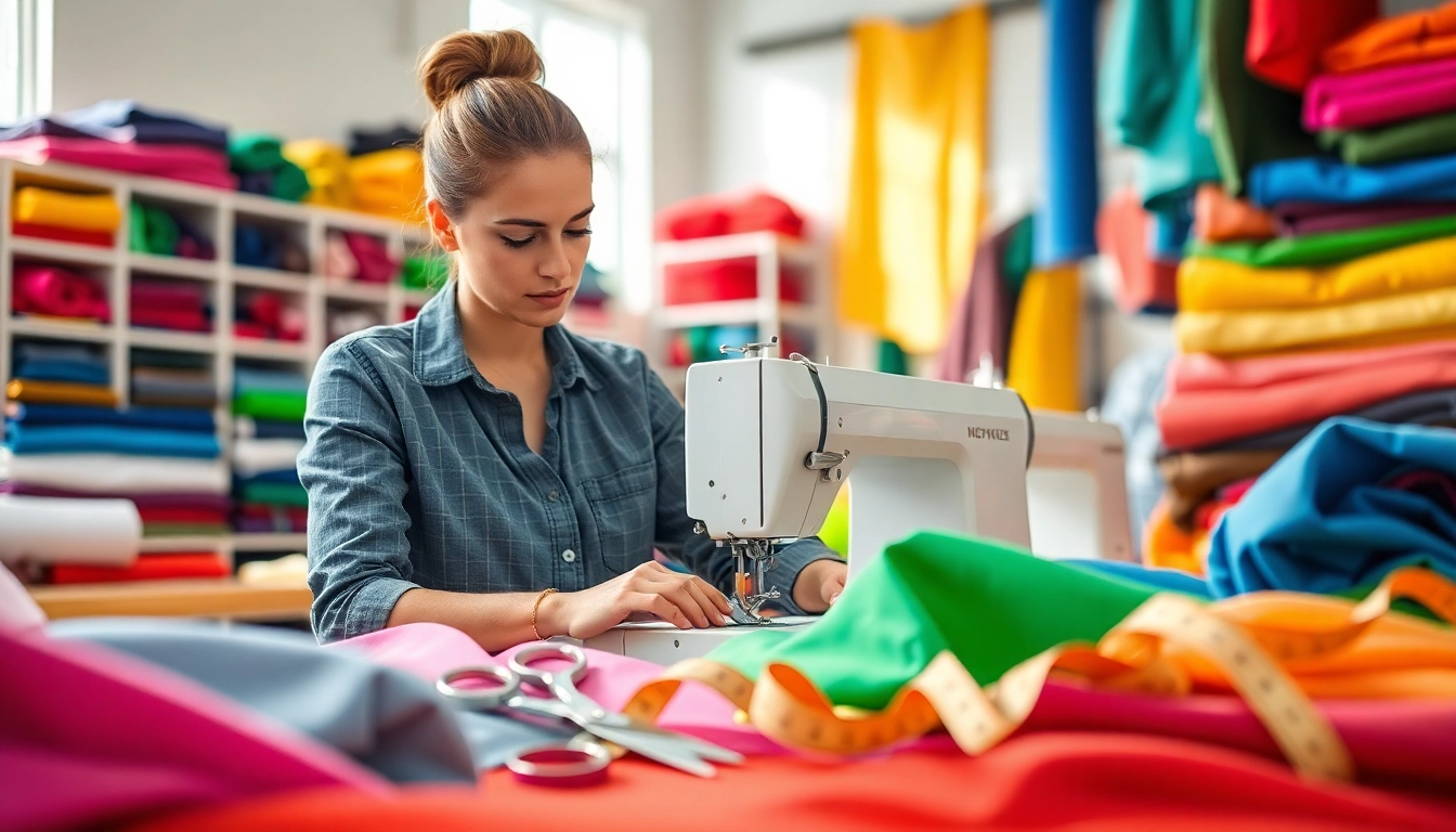 Stoffen voor kleding maken: professionele naaister omringd door kleurrijke stoffen.