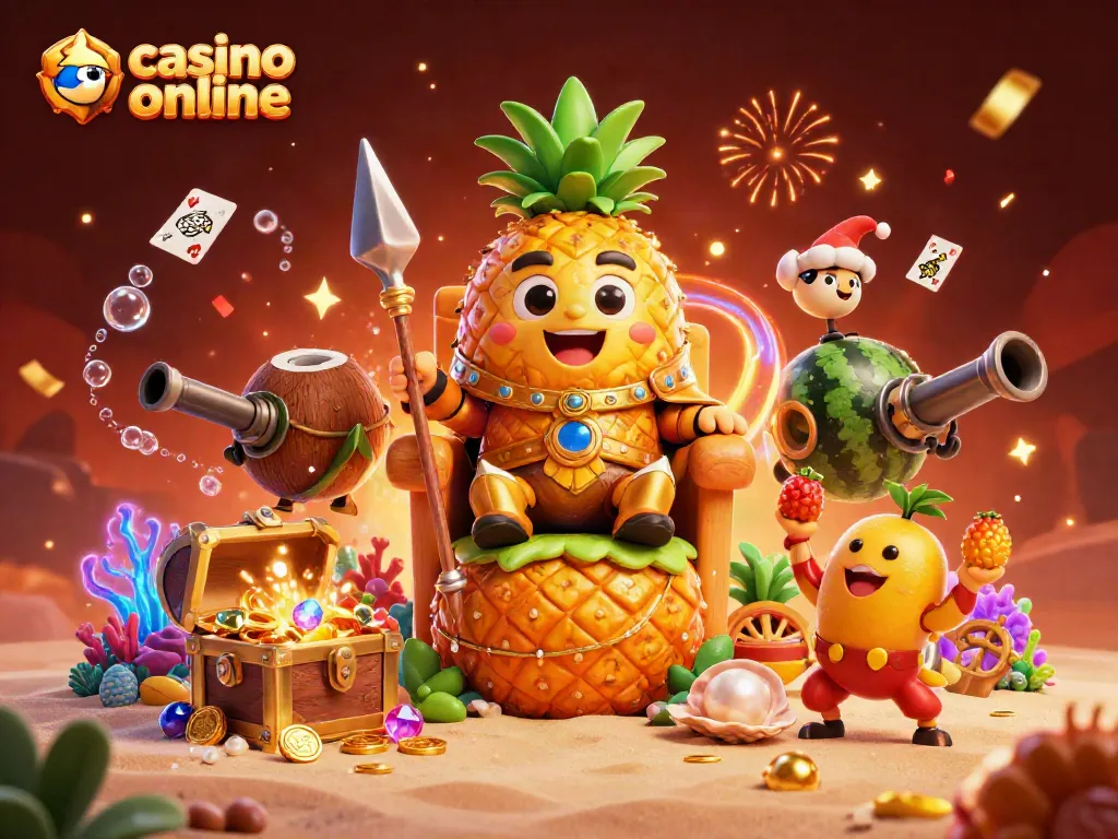 Un emocionante casino online donde un rey piña interactúa con personajes alrededor de tesoros y juegos.