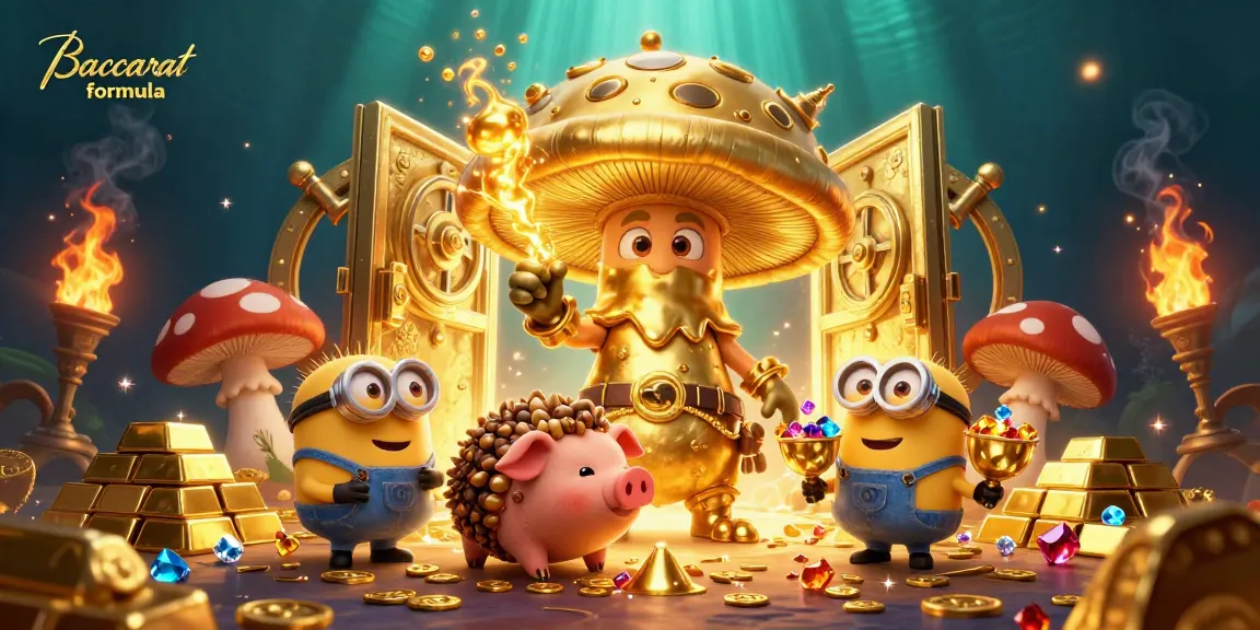 Experience the Baccarat formula with magical treasures and a mystical wizard in a vibrant casino scene.