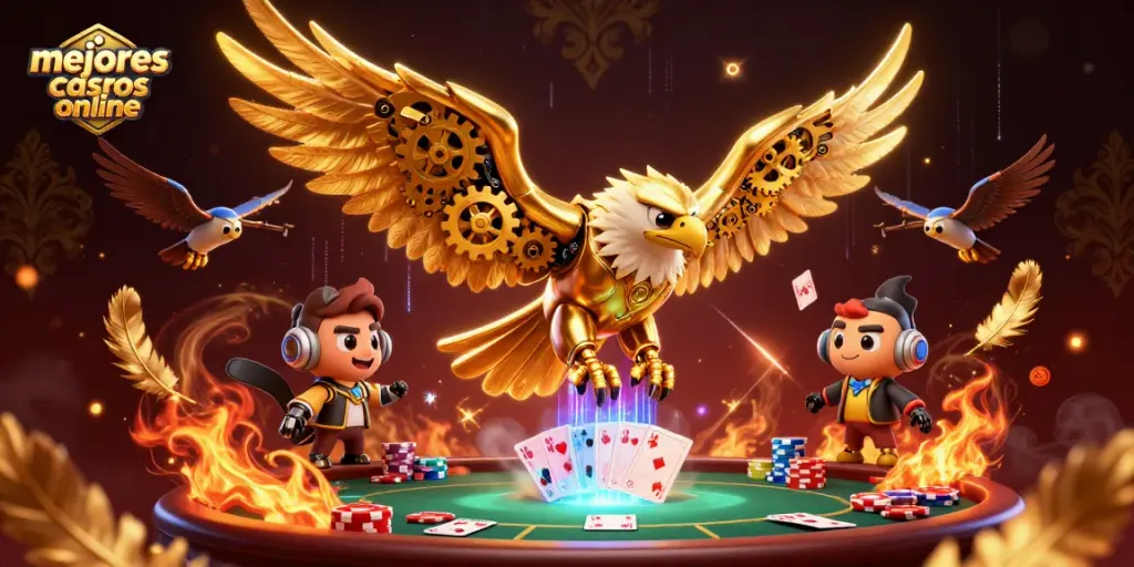 Participa en los mejores casinos online mientras un águila dorada vuela entre cartas holográficas.