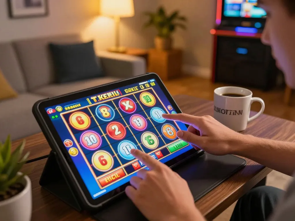 Engaged player spinning colorful slots with slot bet kecil strategy in vibrant online gaming setup.