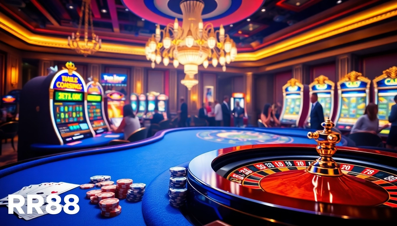 RR88 casino scene showcasing poker games and engaging slot machines for thrilling gameplay.