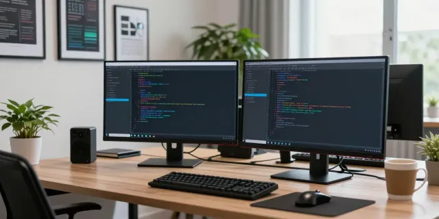 Developer coding with Notepad++ in a modern workspace filled with tech gadgets