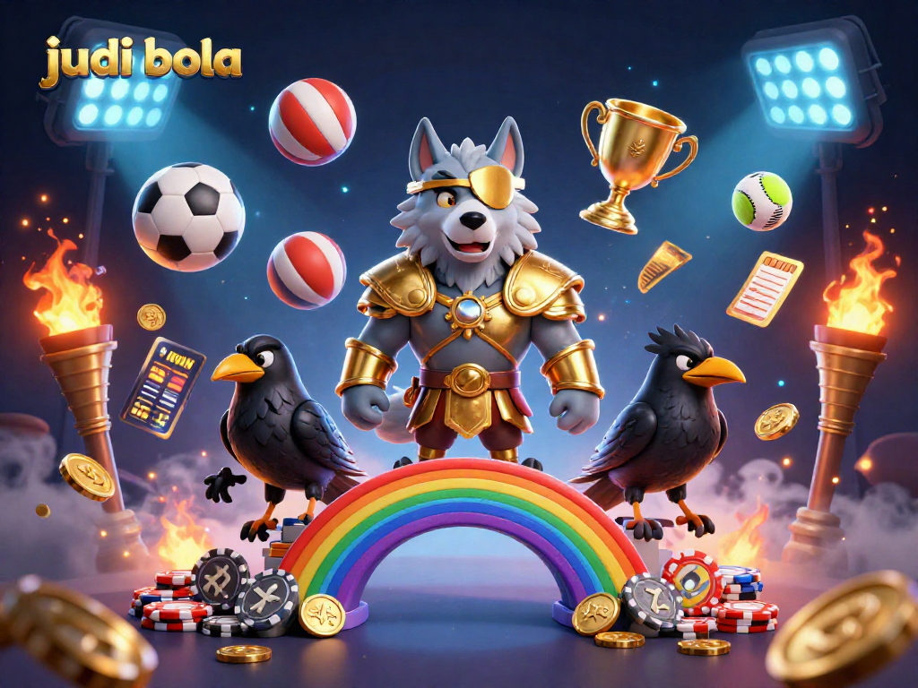Bet on judi bola with the dynamic energy of sports balls flying around a Norse-themed casino scene.