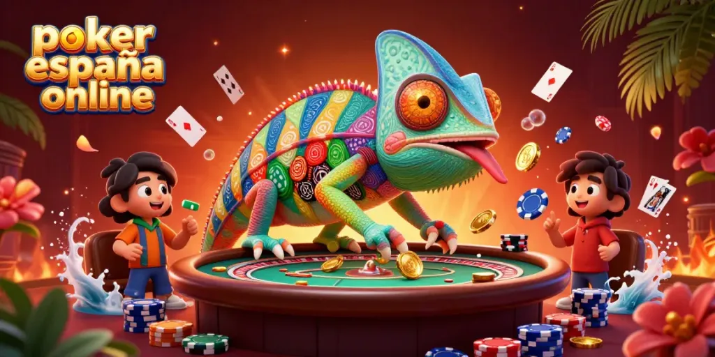 Disfruta de póker españa online con un camaleón como dueño del casino rodeado de cartas y fichas.