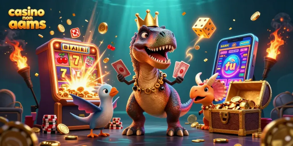 Gioca ai casinò non AAMS con il T-Rex che mescola le carte e il baby triceratops che impila chip d'oro.