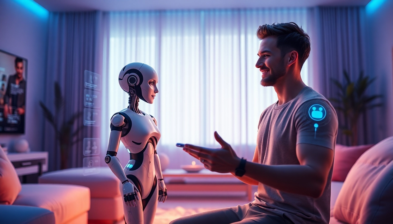 Engaging AI sex interaction in a futuristic living room, highlighting emotional connection.