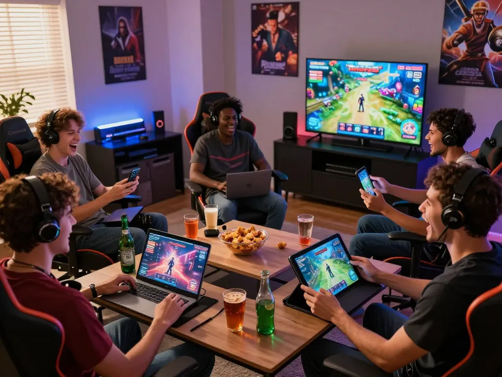 Friends enjoying interactive porno games on laptops and tablets in a cozy gaming room.