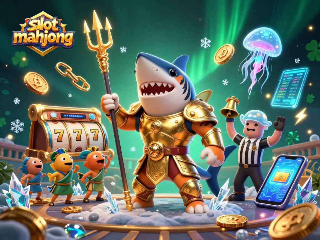 Spin the slot mahjong reels in this vibrant underwater casino scene with a fierce tiger shark.