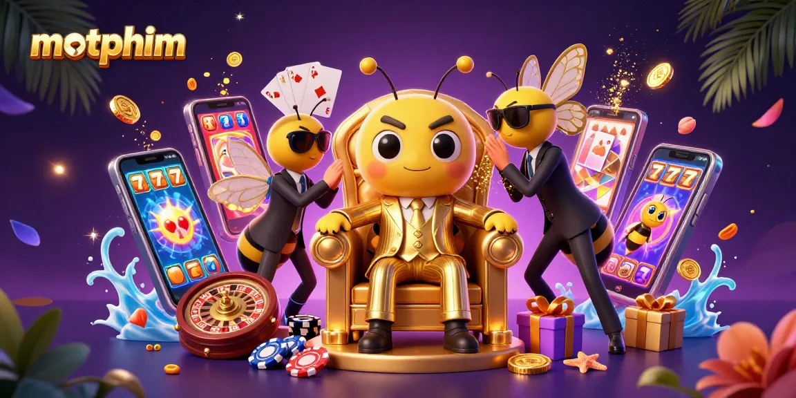 Engage with motphim in a vibrant casino scene featuring a bumblebee mob boss and exciting slot games.