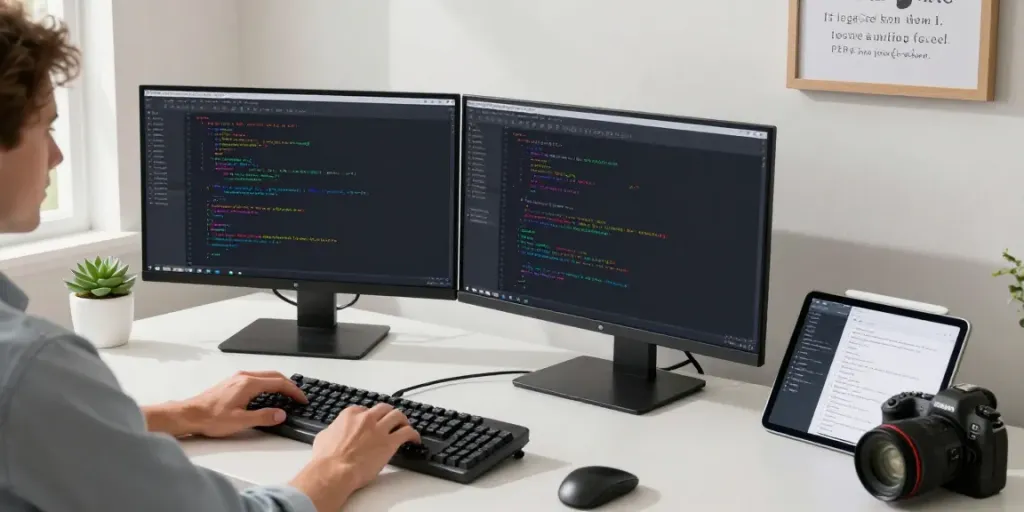 Developer coding in Notepad++ at a bright, modern workspace showcasing an efficient setup from https://notepad-app.co/.