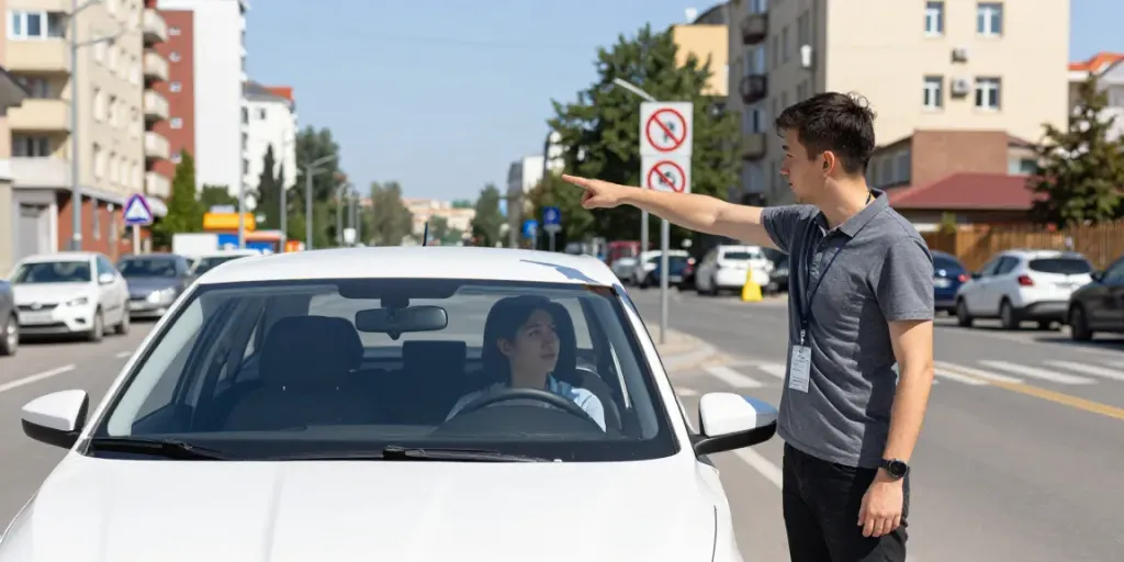 Instructor și student în Skoda Fabia în Chișinău, obținând permis de conducere Chișinău.