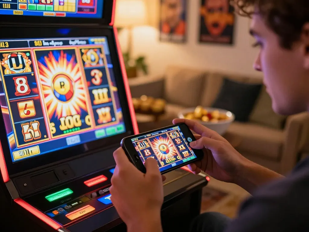 Engaged in a thrilling slot 10k game on a smartphone, displaying vibrant graphics and excitement.