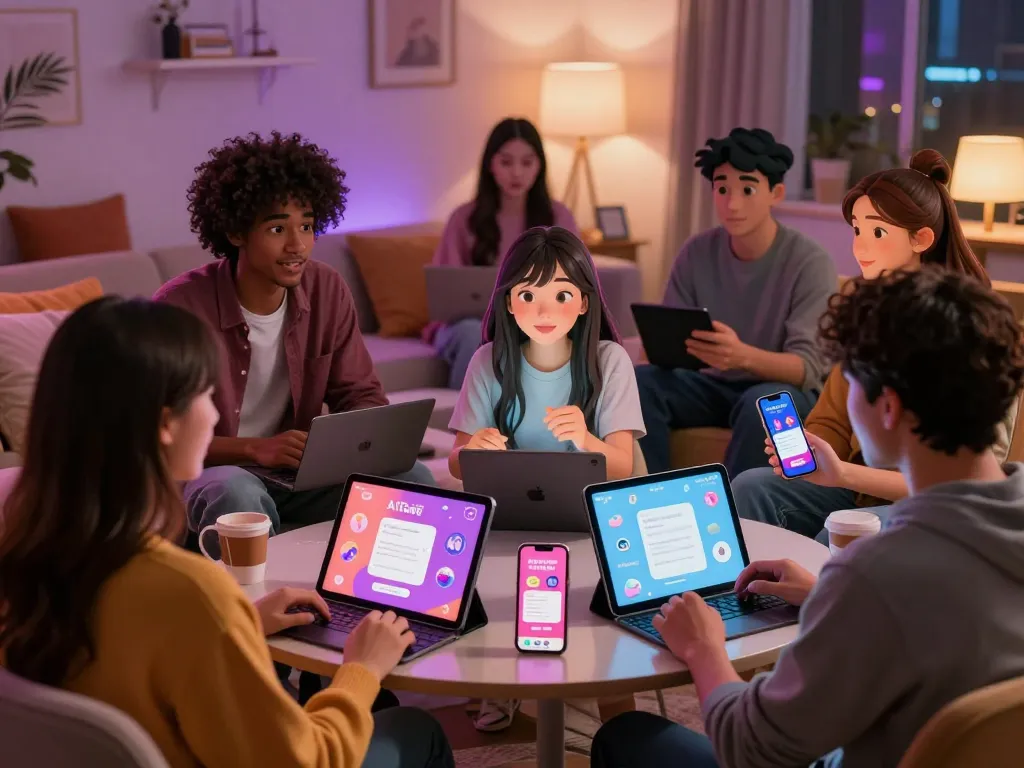Interactive AI chat porn scene showcasing users with animated avatars in a cozy, vibrant setting.