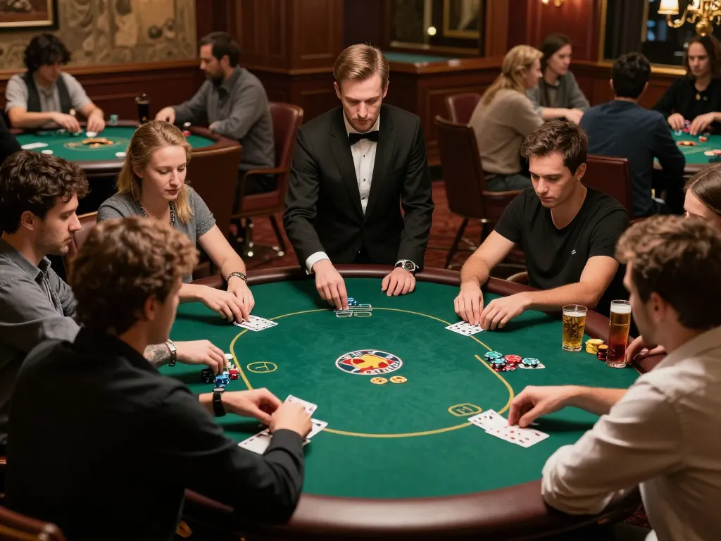 Rasakan permainan poker online yang mendebarkan bersama teman-teman dalam suasana permainan poker di rumah yang menarik.