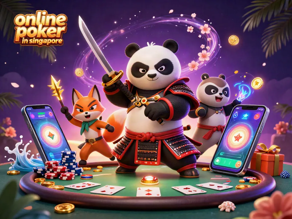 Engaging scene of online poker in Singapore featuring a samurai panda, ninja fox, and magic tanuki amidst casino elements.