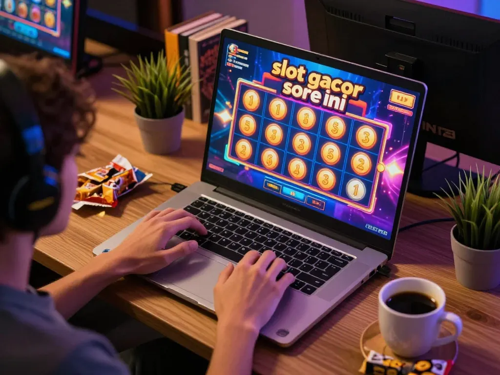 Engaging in online slot gacor sore ini gameplay on a laptop with colorful displays and cozy ambiance