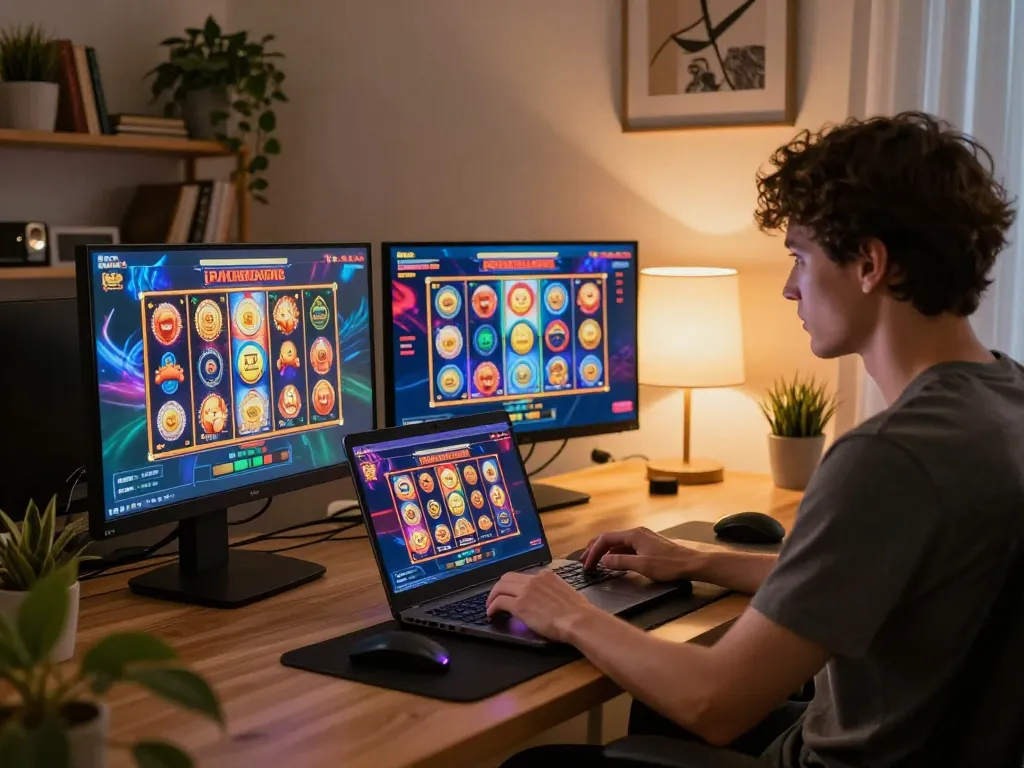Pemain yang terlibat dalam permainan slot gacor di laptop, menunjukkan pengalaman judi online yang strategis.