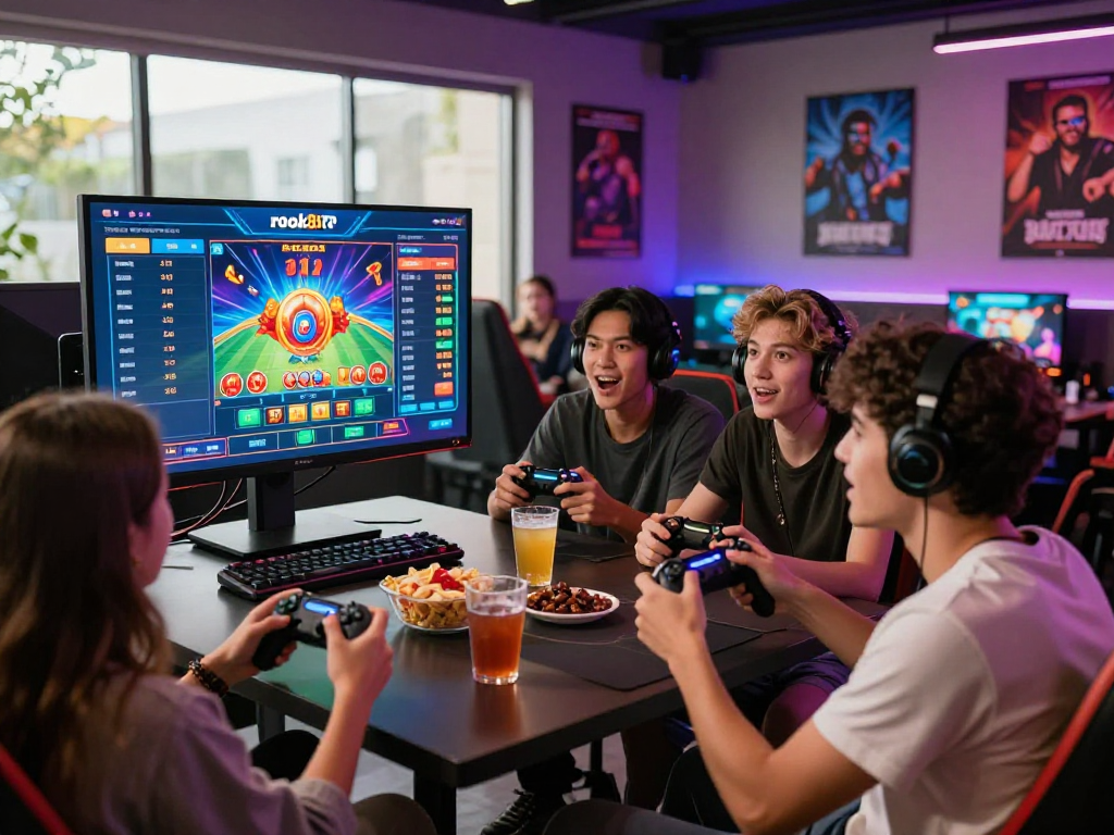 Friends engaging in an exciting rokok88 rtp gaming session with snacks and screens.