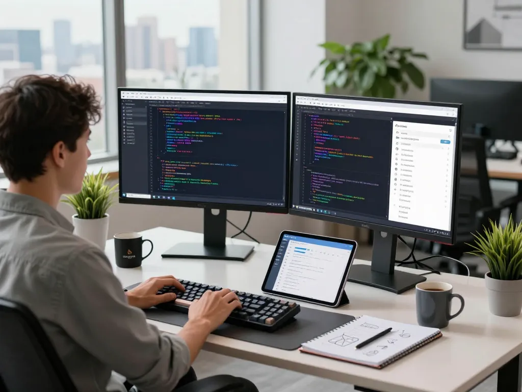 Developer using Telegram 电脑版 on dual monitors in a modern tech workspace, highlighting productivity and coding.