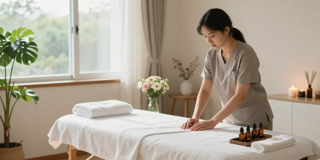 Relaxing 도봉구출장마사지 setting featuring a massage therapist preparing soothing oils.