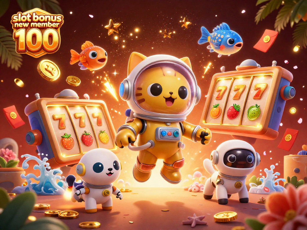 Win big with slot bonus new member 100, a vibrant 3D illustration of an adventurous cat and robot dog in a cosmic casino.