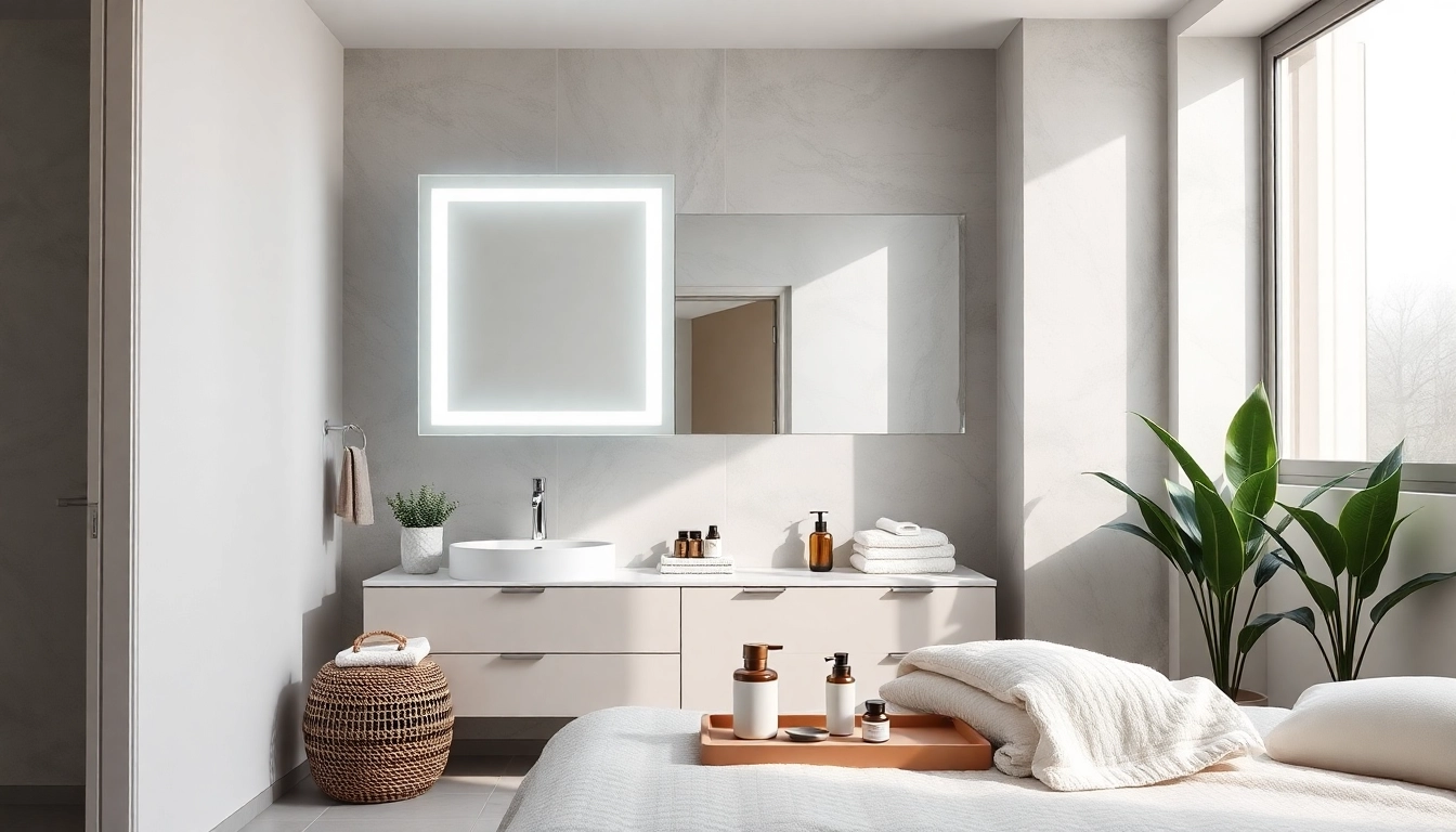 View of a stylish led bathroom mirror cabinet with integrated lights in a modern bathroom setting.