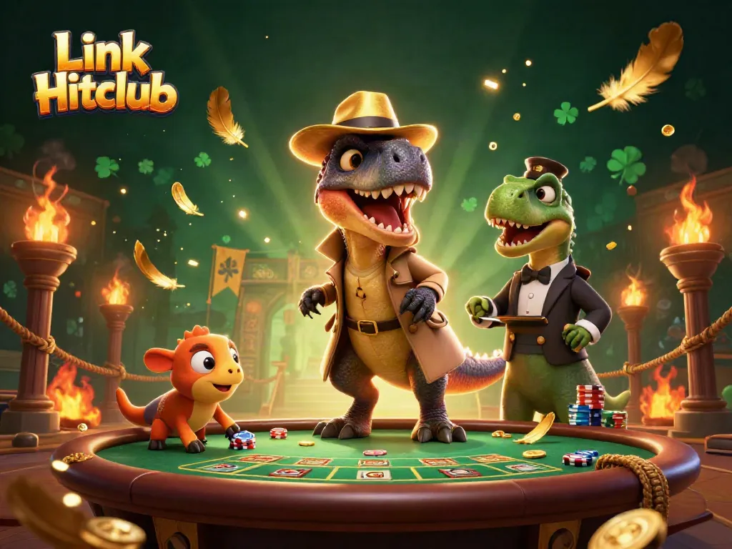 Experience thrilling action at Link Hitclub with a velociraptor card counter amidst golden casino elements and drama.