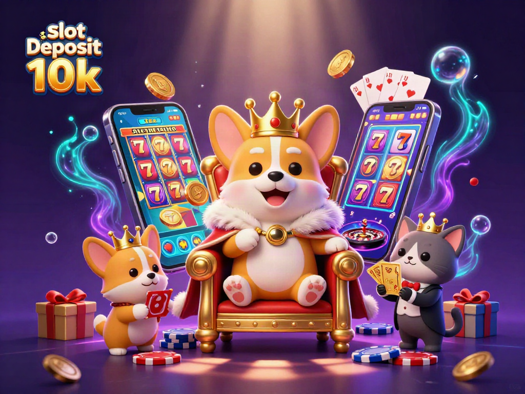 Experience excitement with slot deposit 10k, featuring corgis and gold coins in a vibrant 3D casino scene.